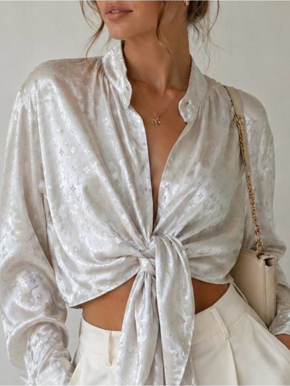 Satin Tie-Front Blouse in Pearl White size M - Picture 1 of 7
